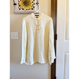 Lauren Ralph Lauren 100% Linen Mandarin Collar Frog Button Top XL Butter Yellow
